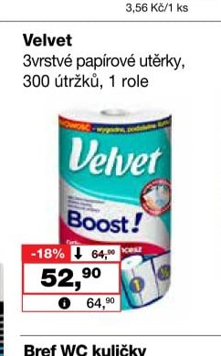 Velvet 3vrstvé papírové utěrky, 300 útržků, 1 role