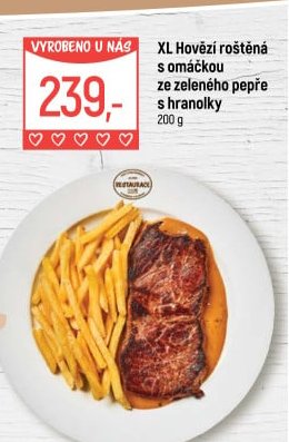 XL Hovězí roštěná s omáčkou ze zeleného pepře s hranolky