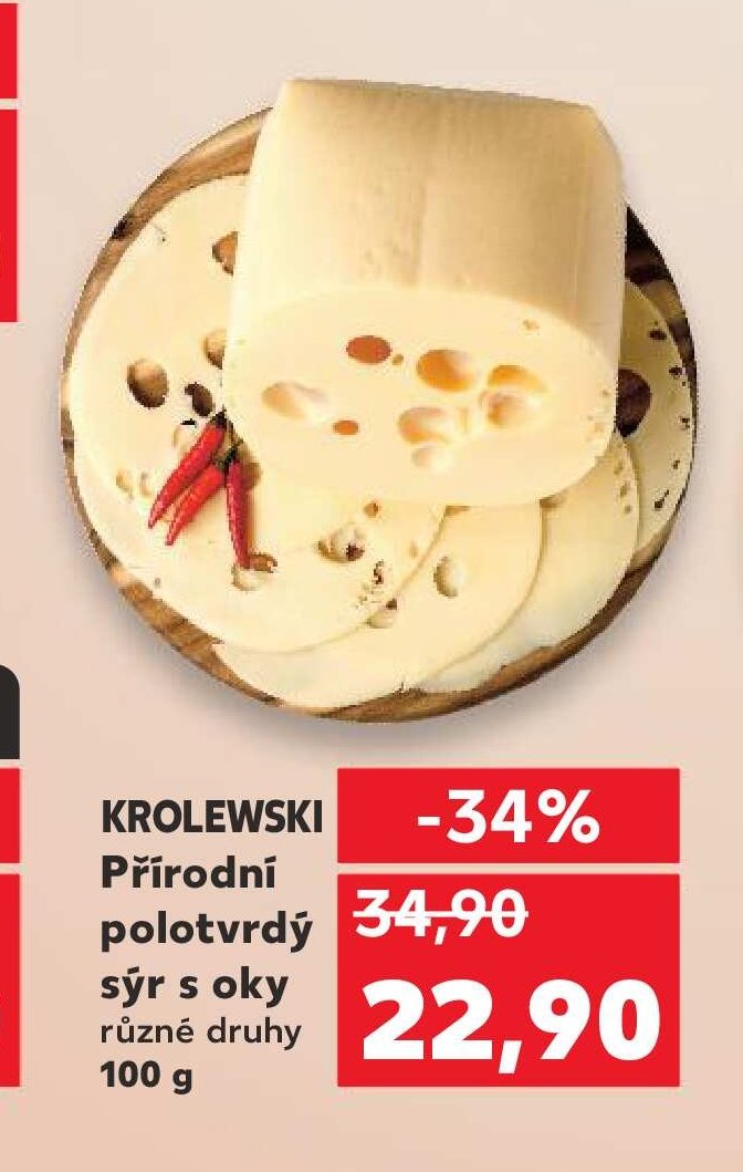 KROLEWSKI Přírodní polotvrdý sýr s oky různé druhy