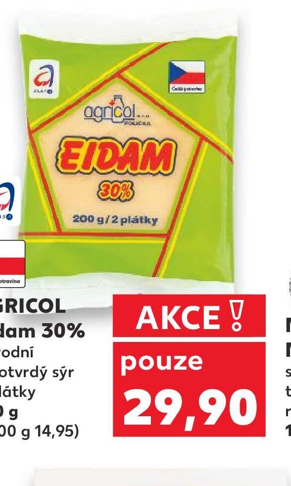 AGRICOL Eidam 30% přírodní polotvrdý sýr 2 plátky 200 g