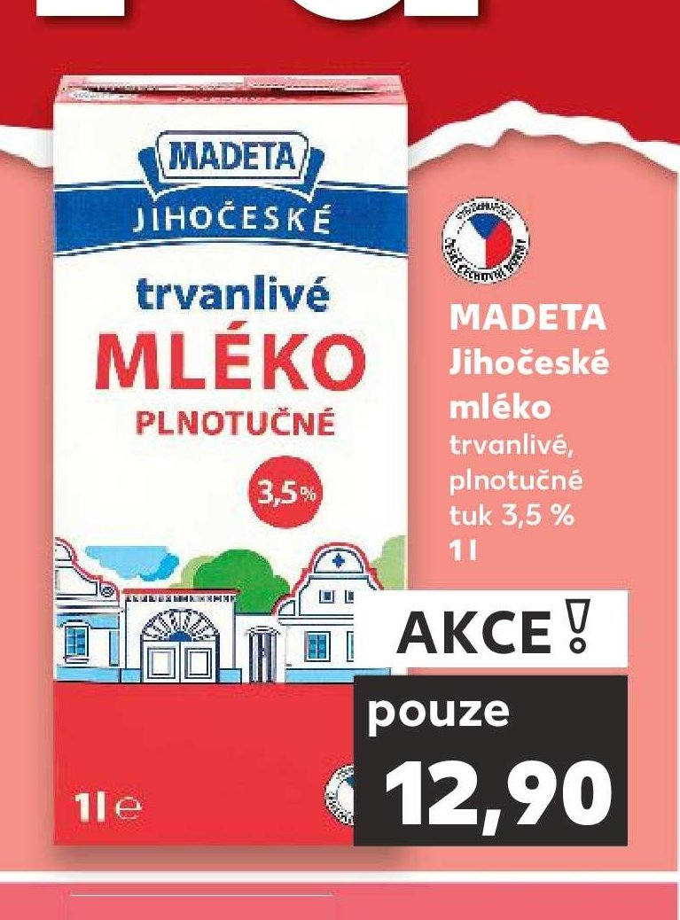 Madeta Jihočeské mléko trvanlivé plnotučné 3,5 % 1 l