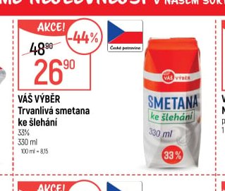 Váš Výběr Trvanlivá smetana ke šlehání 33% 330 ml