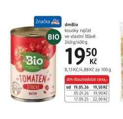 dmBio kousky rajčat ve vlastní šťávě