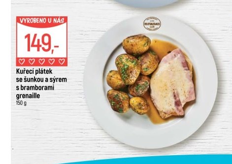 Kuřecí plátek se šunkou a sýrem s bramborami grenaille