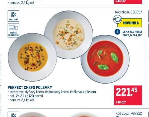 PERFECT CHEFS POLÉVKY (tomatová, dýňový krém, česnekový krém, čočková s párkem)