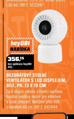 BEZDRÁTOVÝ STOLNÍ VENTILÁTOR S LED DISPLEJEM, BÍLÝ, PR. 13 X 19 CM