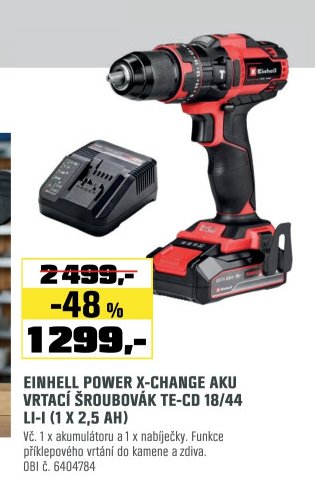EINHELL POWER X-CHANGE AKU VRTACÍ ŠROUBOVÁK TE-CD 18/44 LI-I (1 X 2,5 AH)
