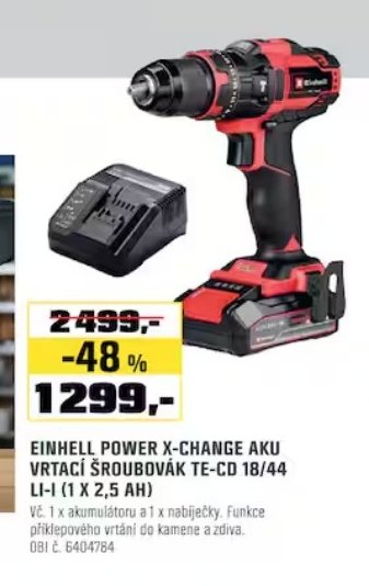 EINHELL POWER X-CHANGE AKU VRTACÍ ŠROUBOVÁK TE-CD 18/44 LI-I (1 X 2,5 AH)