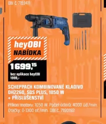 SCHEPPACH KOMBINOVANÉ KLADIVO DH2260, SDS PLUS, 1050 W + PŘÍSLUŠENSTVÍ