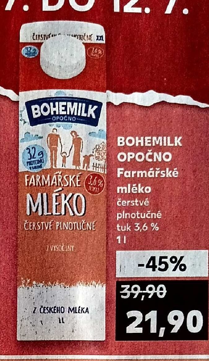 BOHEMILK OPOČNO Farmářské mléko čerstvé plnotučné tuk 3,6 % 1 l