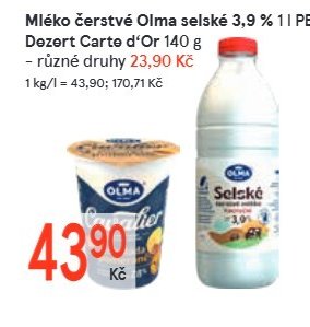 Mléko čerstvé Olma selské 3,9 % 1 l PET