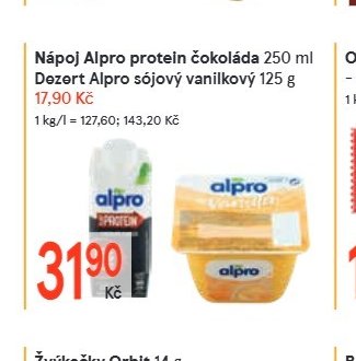 Nápoj Alpro protein čokoláda 250 ml, Dezert Alpro sójový vanilkový 125 g