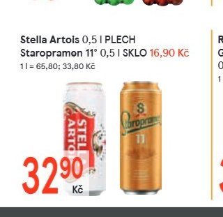 Stella Artols 0,5 l PLECH, Staropramen 11° 0,5 l SKLO