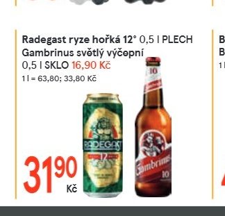 Radegast ryze hořká 12° 0,5 l PLECH, Gambrinus světlý výčepní 0,5 l SKLO