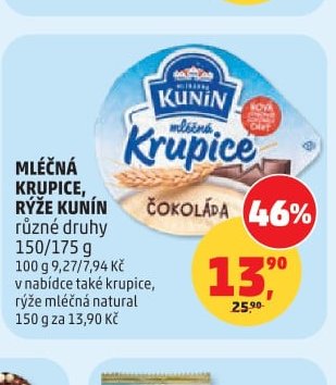Mléčná krupice, rýže Kunín
