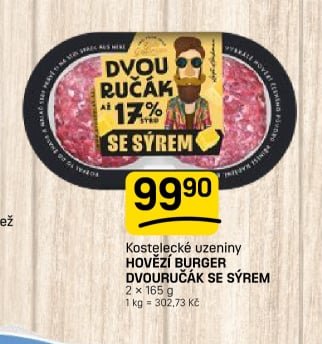 Kostelecké uzeniny HOVĚZÍ BURGER DVOURUČÁK SE SÝREM 2 x 165 g
