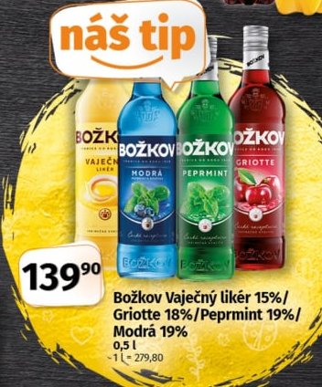 Božkov Vaječný likér 15%/Griotte 18%/Peprmint 19%/Modrá 19%