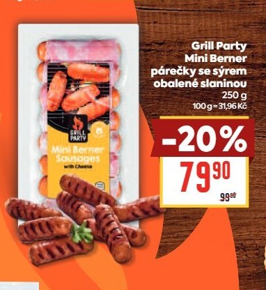 Grill Party Mini Berner párečky se sýrem obalené slaninou 250 g - BILLA aktualniletaky.eu