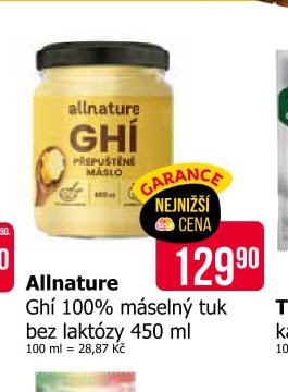Allnature Ghí 100% máselný tuk bez laktózy 450 ml