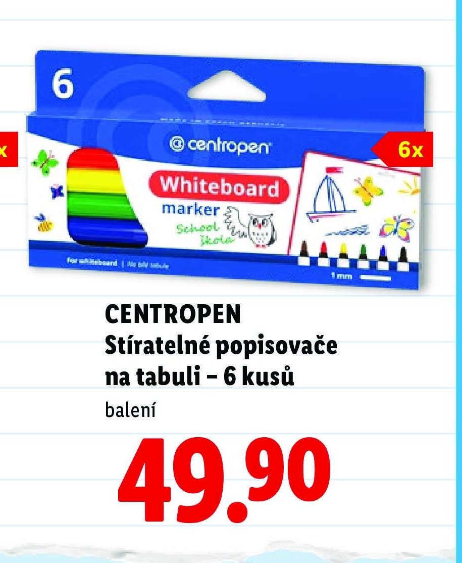 CENTROPEN Stíratelné popisovače na tabuli – 6 kusů