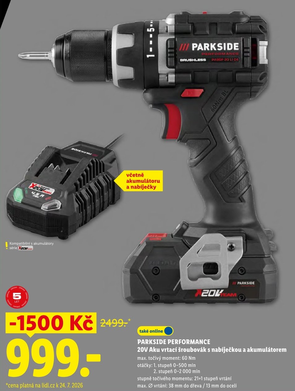 PARKSIDE PERFORMANCE 20V Aku vrtací šroubovák s nabíječkou a akumulátorem