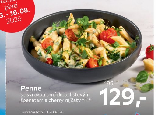 Penne se sýrovou omáčkou, listovým špenátem a cherry rajčaty