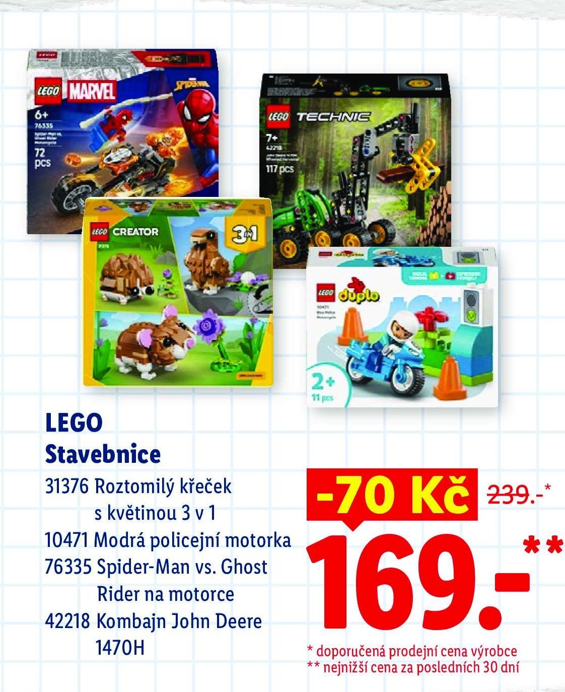 LEGO Stavebnice 31376 Roztomilý křeček s květinou 3 v 1, 10471 policejní motorka, 76335 Spider-Man vs. Ghost Rider na motorce, 42218 Kombajn John Deere 1470H
