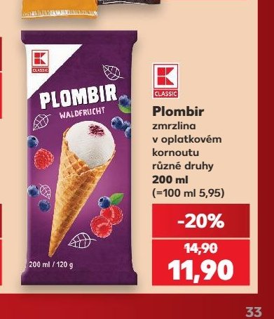 PLOMBIR zmrzlina v oplatkovém kornoutu