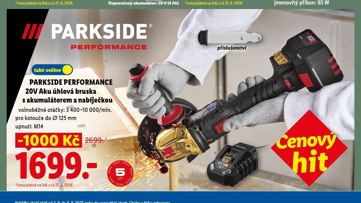 PARKSIDE PERFORMANCE 20V Aku úhlová bruska s akumulátorem a nabíječkou - Lidl aktualniletaky.eu