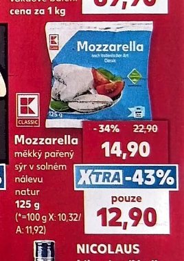 Mozzarella měkký pařený sýr v solném nálevu natur 125 g - Kaufland aktualniletaky.eu