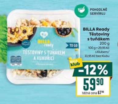 BILLA Ready Těstoviny s tuňákem a kukuřicí 200 g - BILLA aktualniletaky.eu