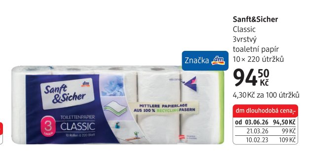 Sanft&Sicher Classic 3vrstvý toaletní papír 10 × 220 útržků - dm drogerie aktualniletaky.eu