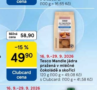 Tesco Mandle jádra pražená v mléčné čokoládě a skořici