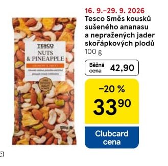 Tesco Směs kousků sušeného ananasu a nepražených jader skořápkových plodů 100 g