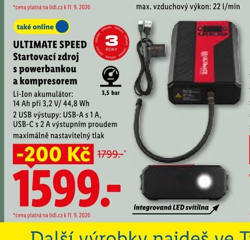 ULTIMATE SPEED Startovací zdroj s powerbankou a kompresorem