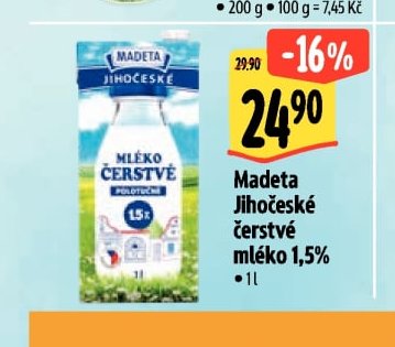Madeta Jihočeské čerstvé mléko 1,5%