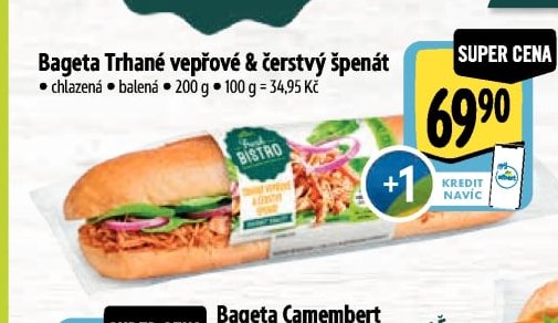 Bageta Trhané vepřové & čerstvý špenát
