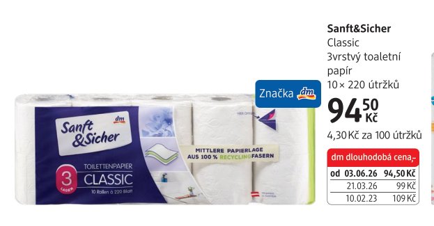 Sanft&Sicher Classic 3vrstvý toaletní papír 10x220 útržků