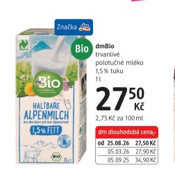 dmBio trvanlivé polotučné mléko 1,5 % tuku 1l