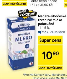Madeta Jihočeské trvanlivé mléko polotučné 1 l