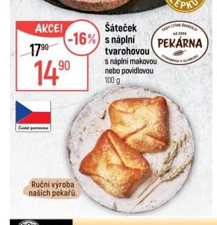 Šáteček s náplní tvarohovou nebo povidlovou