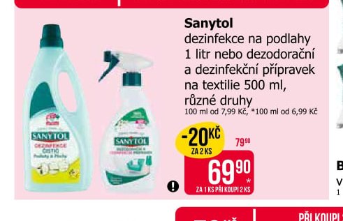Sanytol dezinfekce na podlahy 1 litr nebo dezodorační a dezinfekční přípravek na textilie 500 ml